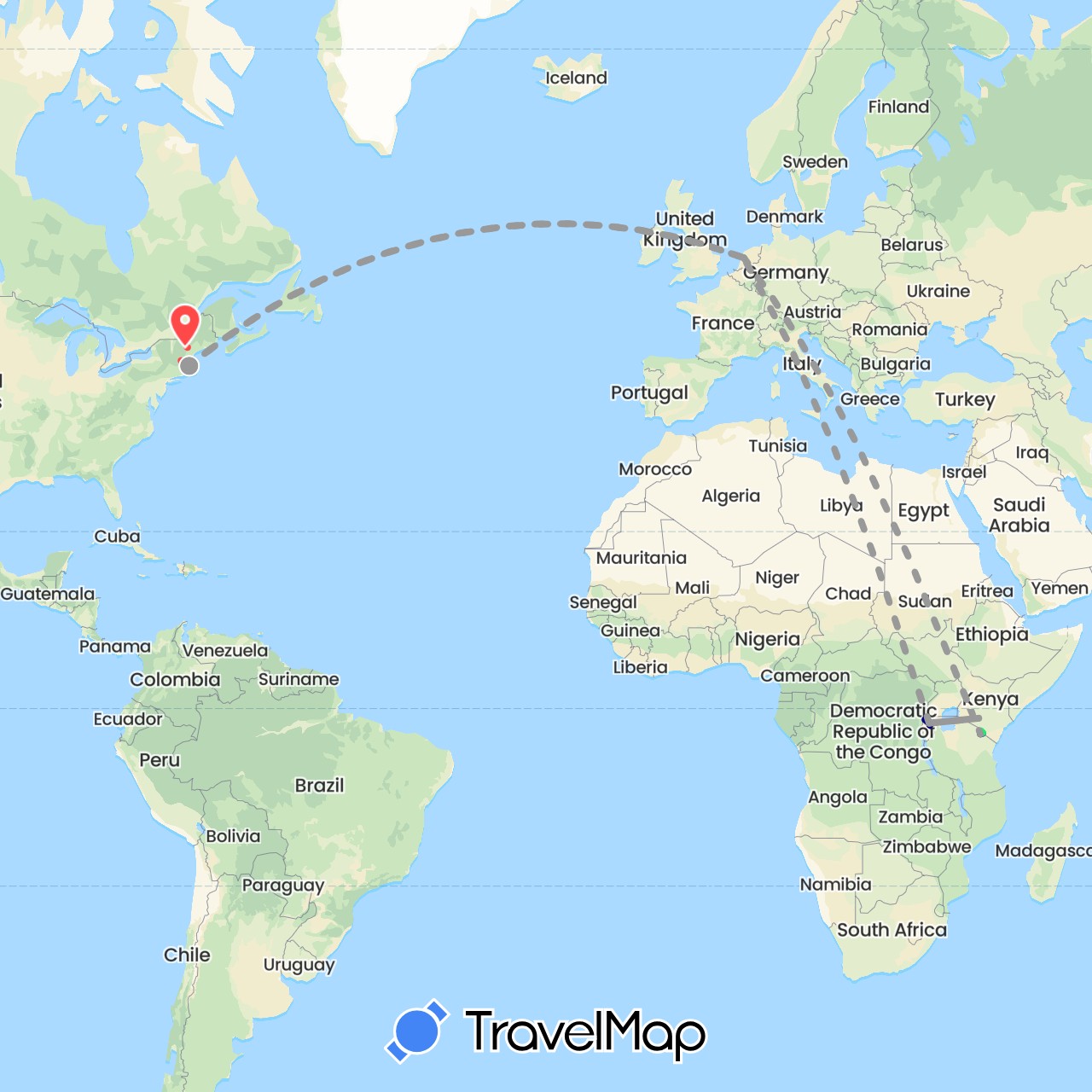 TravelMap itinerary: driving, plane, hiking, hiking, walking in Kenya, Netherlands, Rwanda, Tanzania, United States (Africa, Europe, North America)